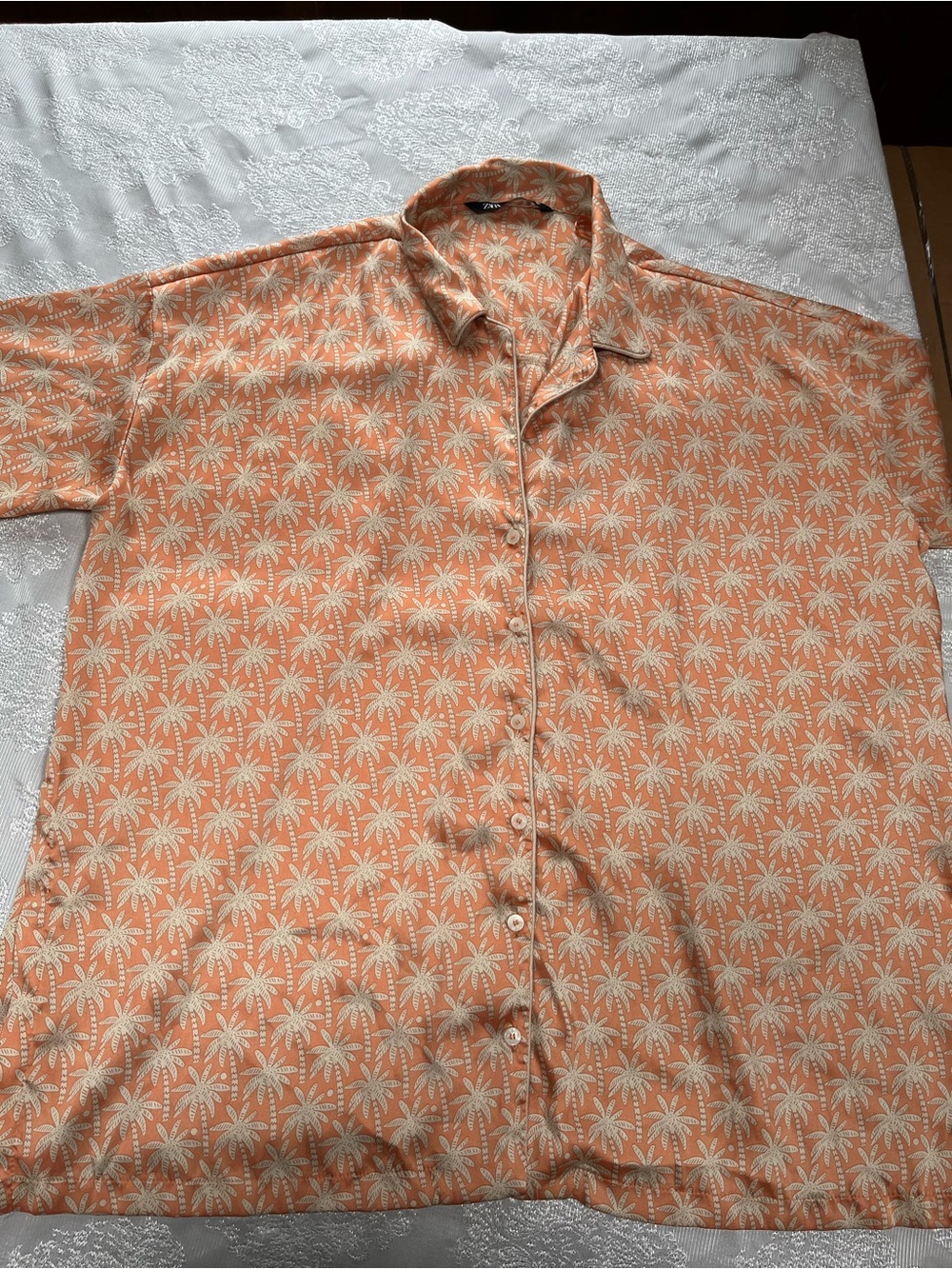 Zara Orange Palm-Print Short Sleeve Button-Down Shirt